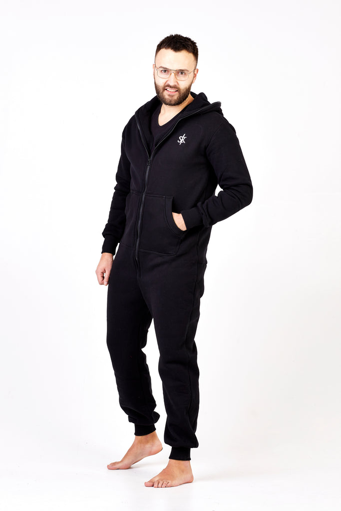 all black onesie with zipper in the back