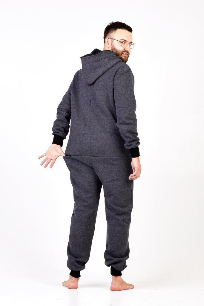 dark grey onesie with zipper in the back
